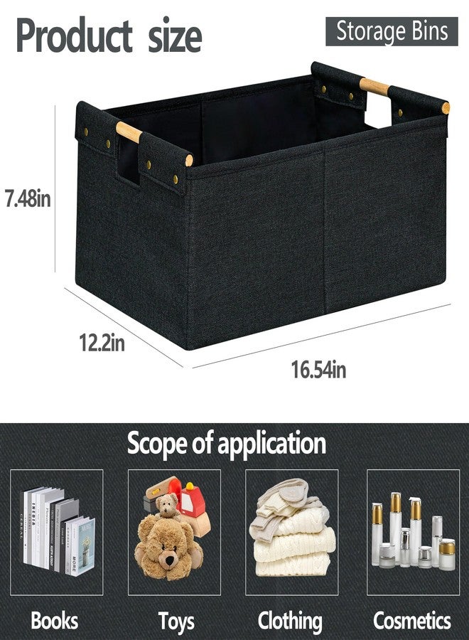 CUUSNNY 2 Pack Rectanglar Storage Basket ,Cotton Linen Fabric Collapsible Storage Bin with Wooden Handles Large Gift Basket for Closet Bookshelves Cabinets Clothes Organizer for Home Office (Black) - Image 3
